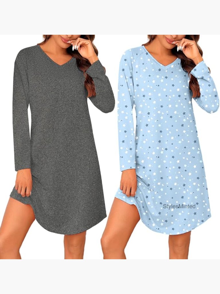 2 Pack Nightgowns For Women Long Sleeve V Neck Sleepwear S-3xl